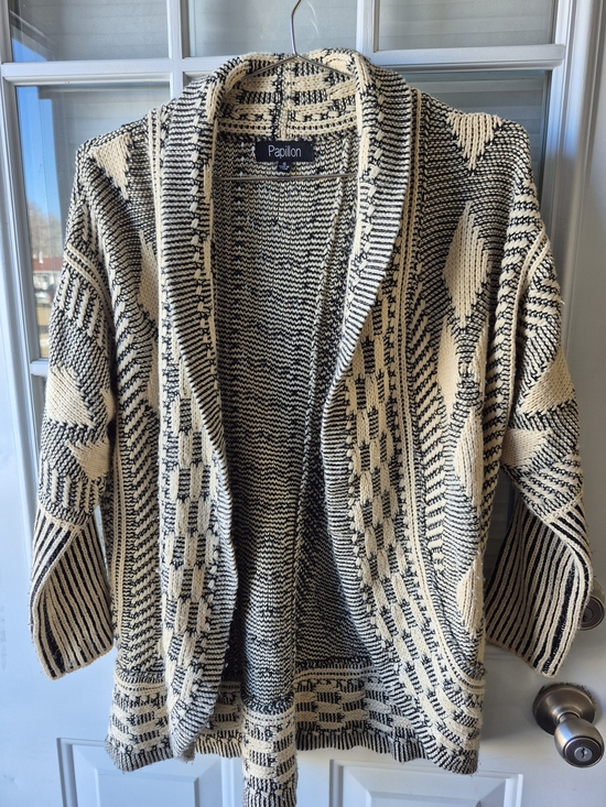 Papillon Blanc Sweaters - Papillon Blanc Cream and Black Knit Open Cardigan Sweater